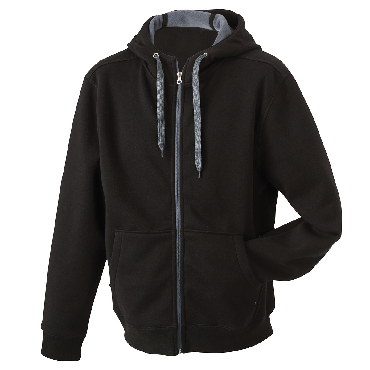 Felpa nera con interno grigio con cappuccio, zip, cordino e tasche a marsupio