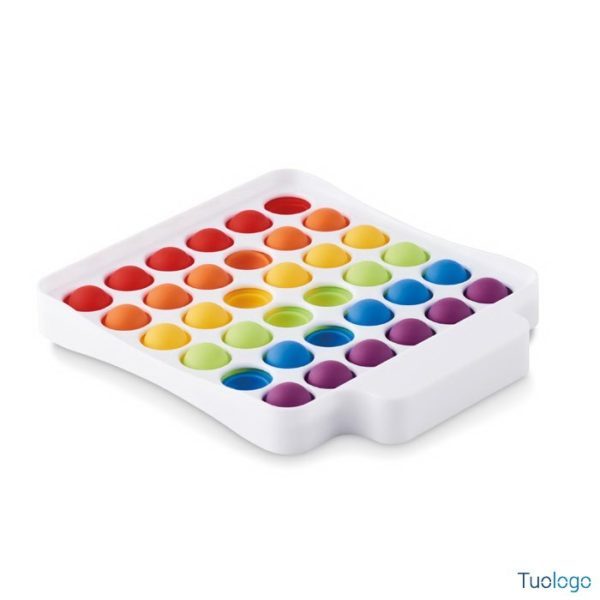 Gioco in silicone bianco con bolle colorate, su sfondo bianco